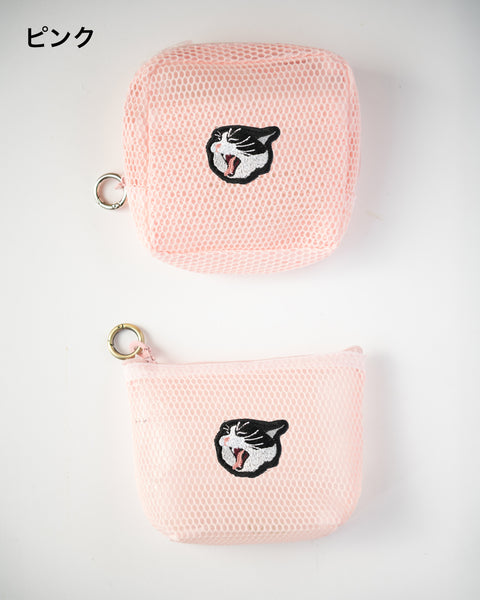 あくびハチワレ猫 刺繍 メッシュポーチ/ ミニポーチ 2個セット かわいい レディース メンズ 小物入れ アクセサリーケース コスメポーチ 旅行用 プレゼントにも◎