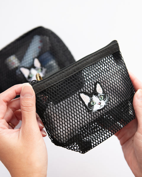 カーリーハチワレ猫 刺繍 メッシュポーチ/ ミニポーチ 2個セット かわいい レディース メンズ 小物入れ アクセサリーケース コスメポーチ 旅行用 プレゼントにも◎