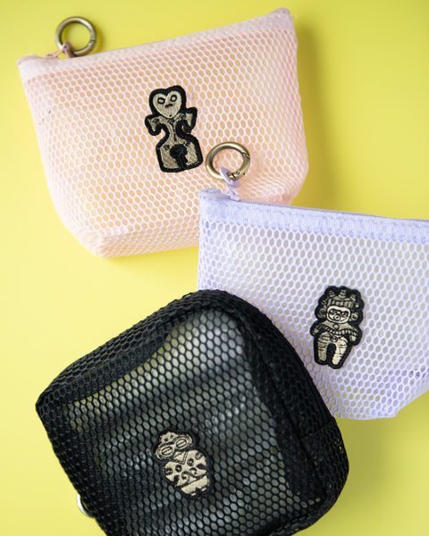2個セット 土偶 刺繍 メッシュポーチ/ ミニポーチ かわいい レディース メンズ 小物入れ アクセサリーケース コスメポーチ 旅行用 プレゼントにも◎