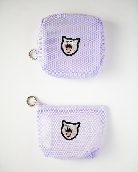 あくびハイ猫 刺繍 メッシュポーチ/ ミニポーチ 2個セット かわいい レディース メンズ 小物入れ アクセサリーケース コスメポーチ 旅行用 プレゼントにも◎