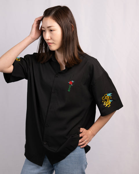 【半袖シルキーシャツ】倒福と虎 刺繍|名入れ可能 開運招福|honok