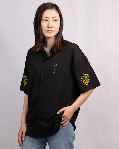 【半袖シルキーシャツ】倒福と虎 刺繍|名入れ可能 開運招福|honok