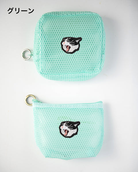 あくびハチワレ猫 刺繍 メッシュポーチ/ ミニポーチ 2個セット かわいい レディース メンズ 小物入れ アクセサリーケース コスメポーチ 旅行用 プレゼントにも◎