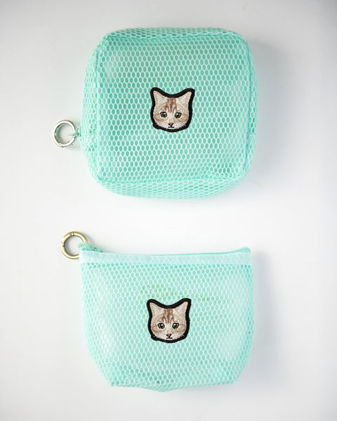 茶トラ猫 刺繍 メッシュポーチ/ ミニポーチ 2個セット かわいい レディース メンズ 小物入れ アクセサリーケース コスメポーチ 旅行用 プレゼントにも◎