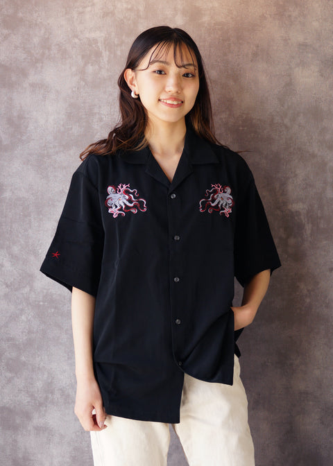 「蛸と珊瑚」刺繍 シルキーオープン半袖シャツhonok