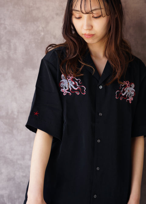 「蛸と珊瑚」刺繍 シルキーオープン半袖シャツhonok