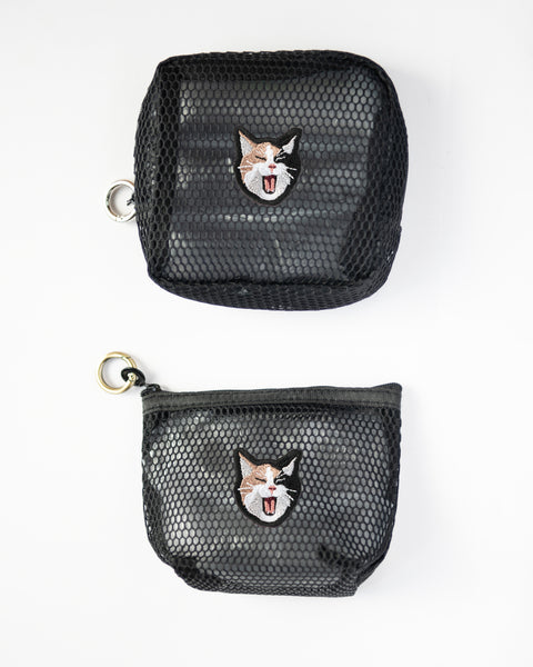 あくび三毛猫 刺繍 メッシュポーチ/ ミニポーチ 2個セット かわいい レディース メンズ 小物入れ アクセサリーケース コスメポーチ 旅行用 プレゼントにも◎