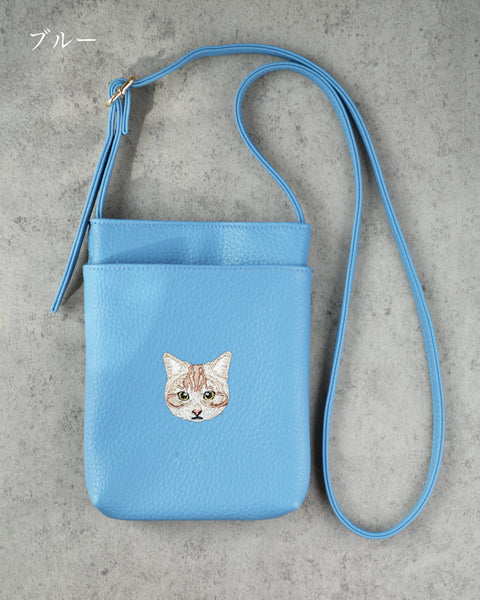 茶トラ スマホバッグ 刺繍 ポーチ ベルト調整可能