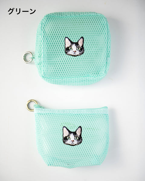 カーリーハチワレ猫 刺繍 メッシュポーチ/ ミニポーチ 2個セット かわいい レディース メンズ 小物入れ アクセサリーケース コスメポーチ 旅行用 プレゼントにも◎
