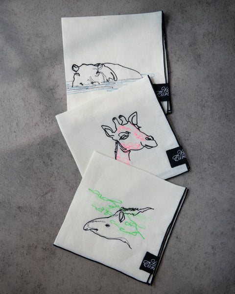 Honok Earthline リネン刺繍ハンカチ〈バク/キリン/カバ〉 honok