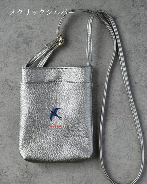 ツバメ 燕 スマホバッグ 刺繍 ポーチ ベルト調整可能