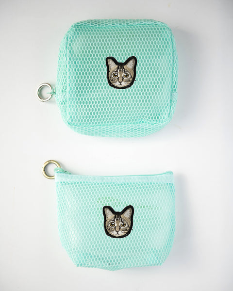 キジトラ猫 刺繍 メッシュポーチ/ ミニポーチ 2個セット かわいい レディース メンズ 小物入れ アクセサリーケース コスメポーチ 旅行用 プレゼントにも◎