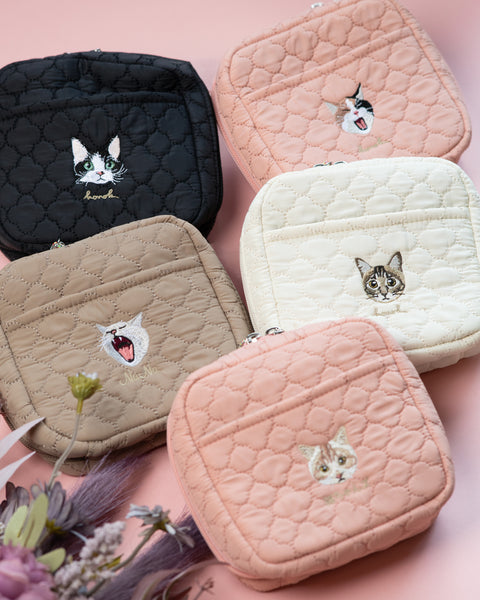 名入れ無料 キーホルダー 化粧ポーチセット 刺繍 猫|あくびネコの刺繍ポーチ プレゼントにおすすめ