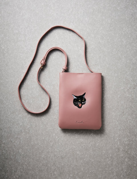 ワンポイント刺繍 あくび猫 スマホバッグ 刺繍 ポーチ honok