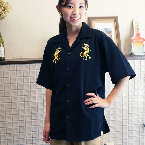 「ジャンプする虎」刺繍 シルキーオープン半袖シャツ honok