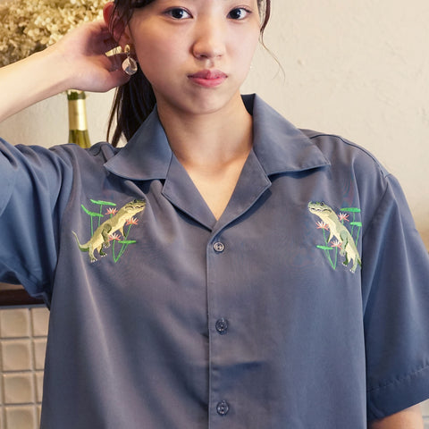 「睡蓮と鰐」 刺繍 シルキーオープン半袖シャツ honok