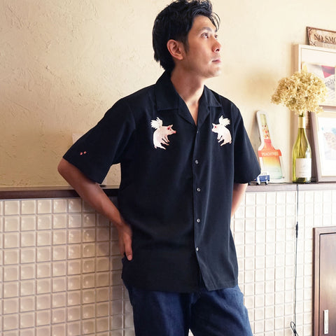 「翼のある豚」 刺繍 シルキーオープン半袖シャツ honok