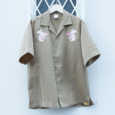 「翼のある豚」 刺繍 シルキーオープン半袖シャツ honok
