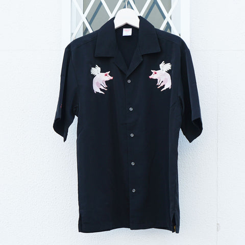 「翼のある豚」 刺繍 シルキーオープン半袖シャツ honok