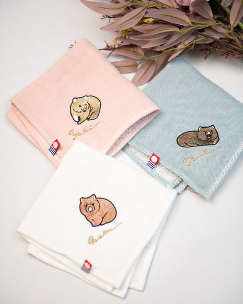 3枚セット ウォンバット ワインさん ユキちゃん フク君 刺繍 ハンカチ 今治 ギフト Nook Nook