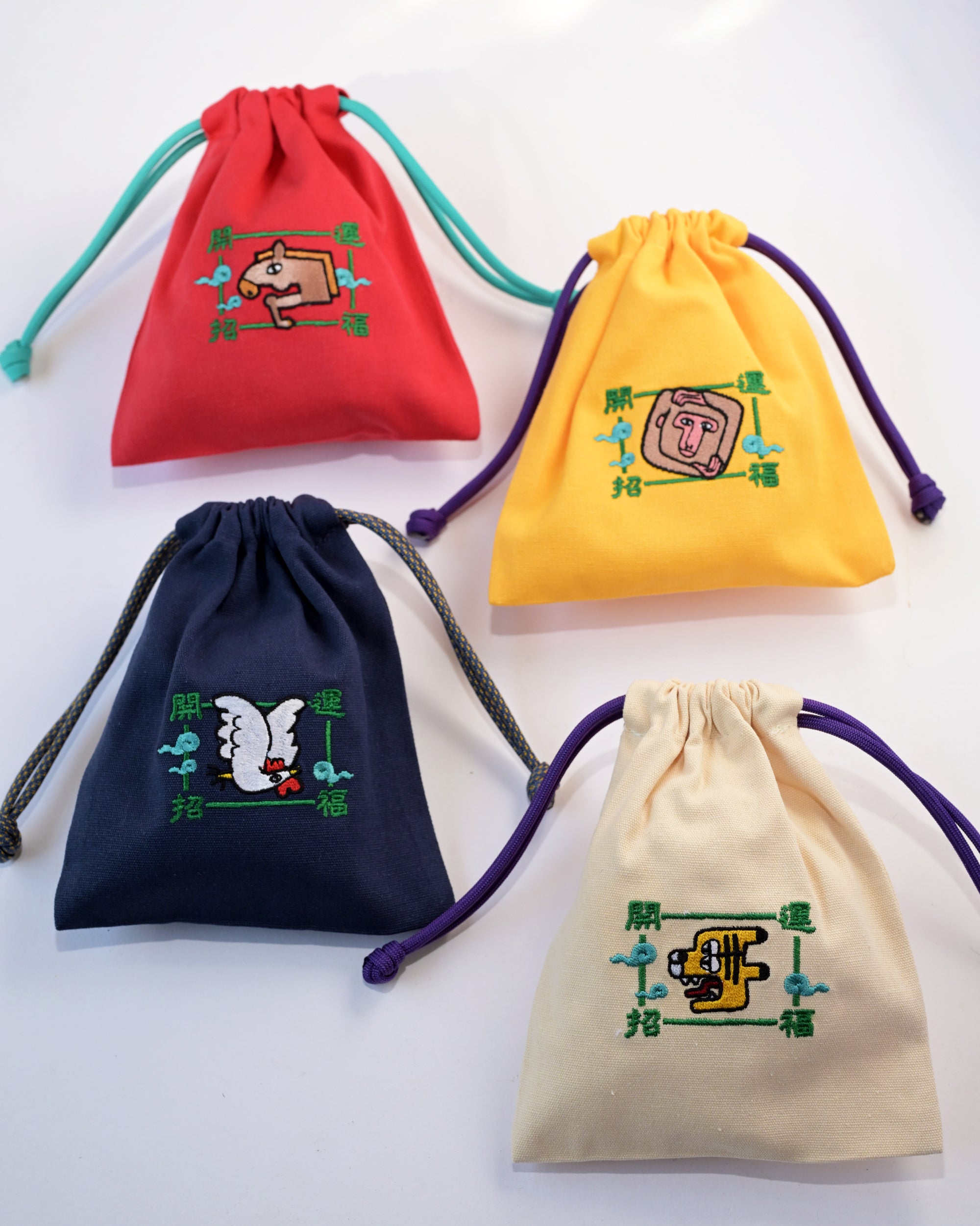 干支刺繍巾着・酉（とり）｜名入れ対応｜出産祝い・誕生日・お守り袋・