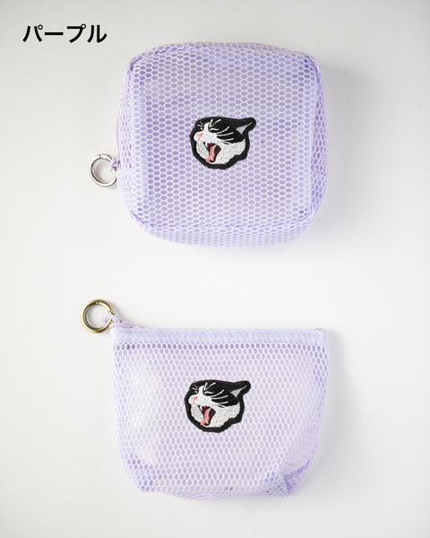 あくびハチワレ猫 刺繍 メッシュポーチ／ ミニポーチ 2個セット　かわいい レディース メンズ 小物入れ アクセサリーケース コスメポーチ 旅行用 プレゼントにも◎