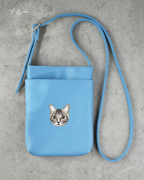 キジトラ スマホバッグ 刺繍 ポーチ ベルト調整可能