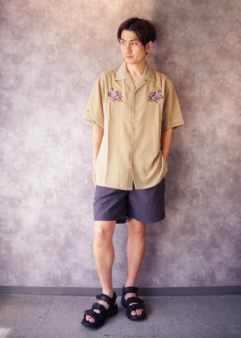 「蛸と珊瑚」刺繍 シルキーオープン半袖シャツ