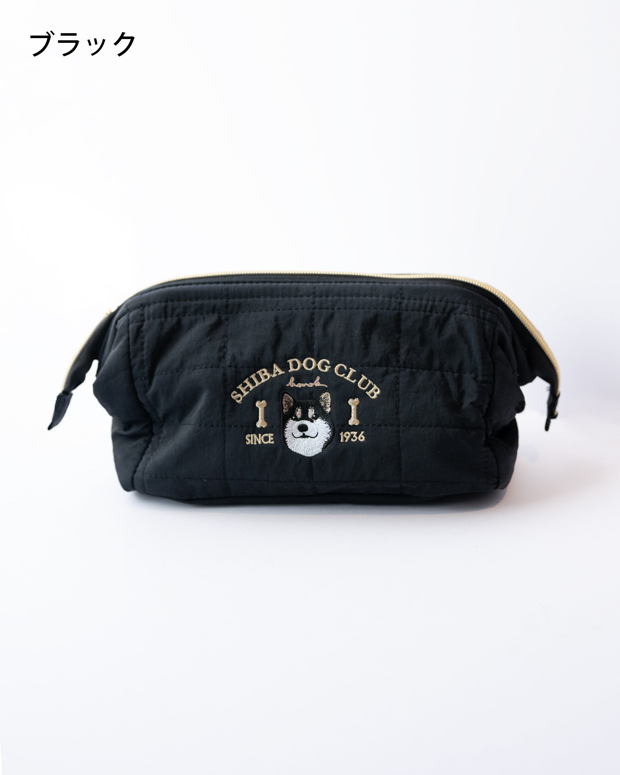 柴犬の刺繍入り 大容量化粧ポーチ（黒柴）名入れ可｜SHIBA DOG CLUB｜honok